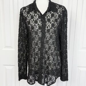 Chico's Design Sheer Black Floral Lace Beaded Button Down Shirt Large